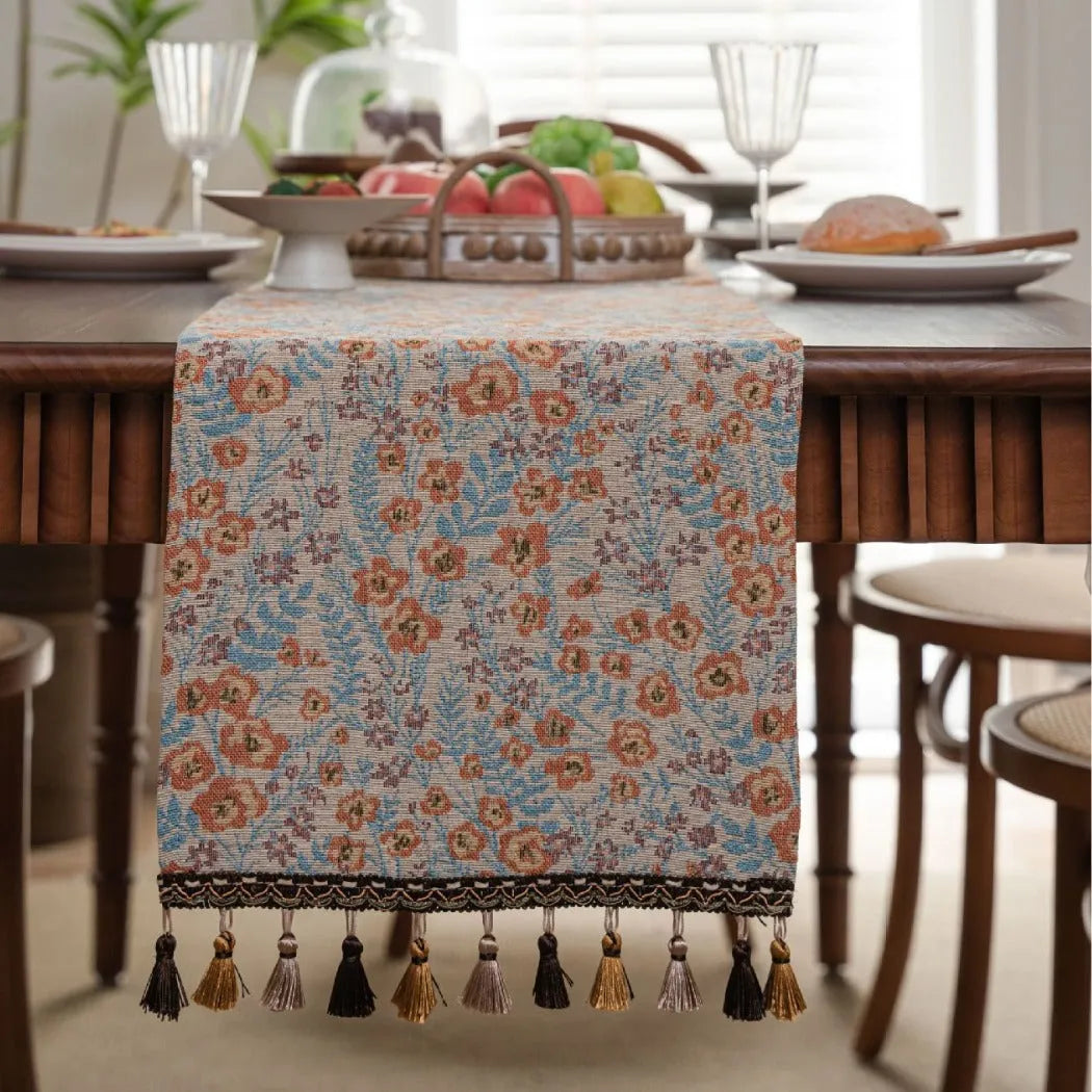 American style jacquard table runner with long tassels and floral pattern for wedding decoration