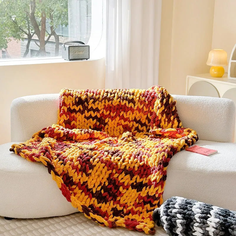 Handmade thick chenille blanket with ice bar striped pattern in a choice of colours, shown laid flat.