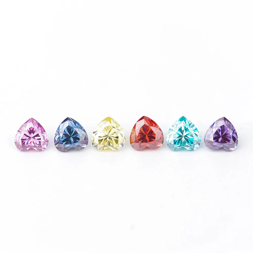 Heart-shaped moissanite gemstone in lemon yellow colour, shown alongside other colour options.