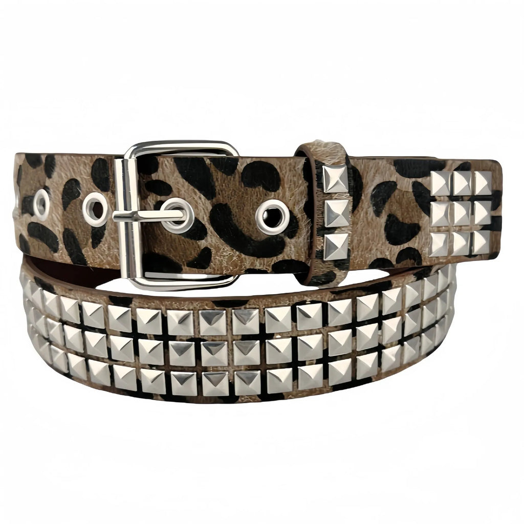 Women's punk fashion belt with metal rivets in leopard print pattern and alloy buckle