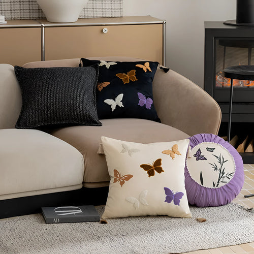 Square butterfly embroidery couch pillow with Chinese pattern in beige, black, or purple