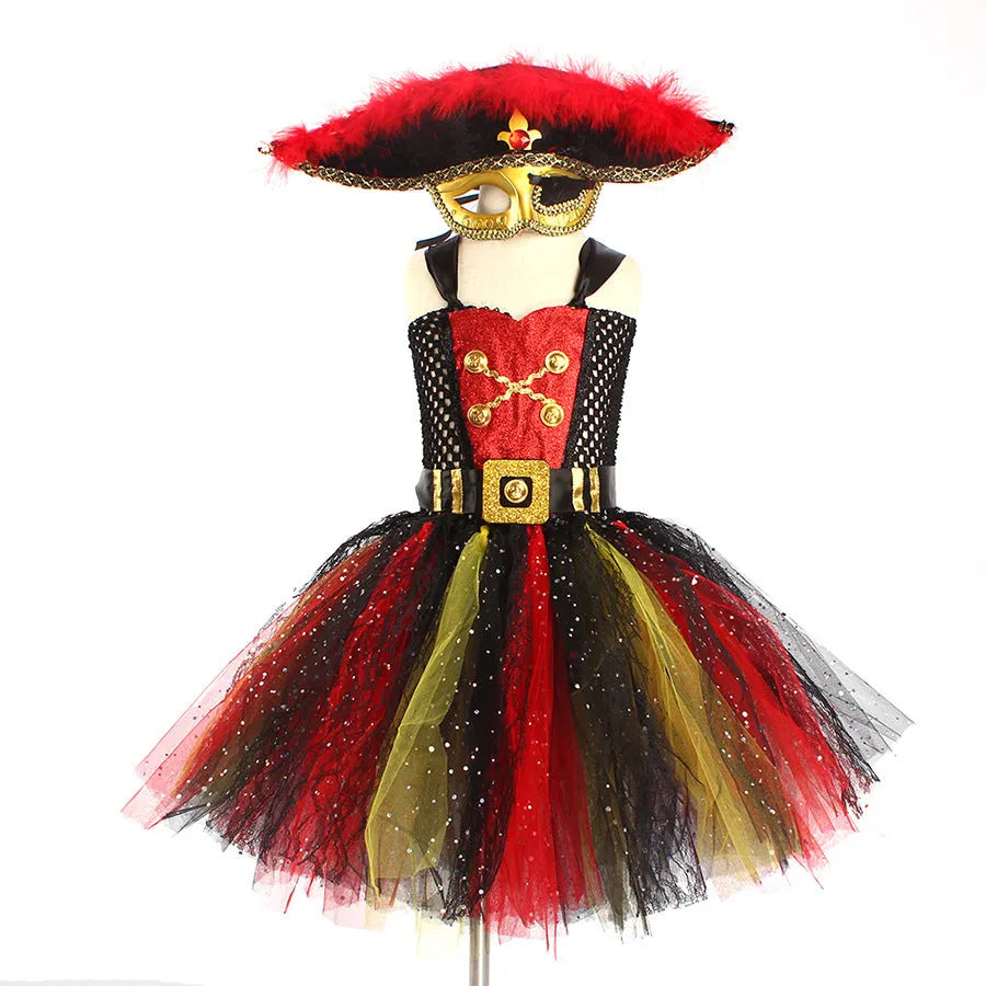 A sleeveless girls' pirate costume dress with black sequin decoration and sheer mesh panels.