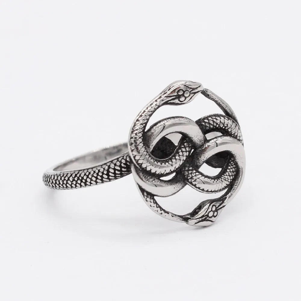 Titanium steel alloy double snake ring in retro European American style with steel colour finish