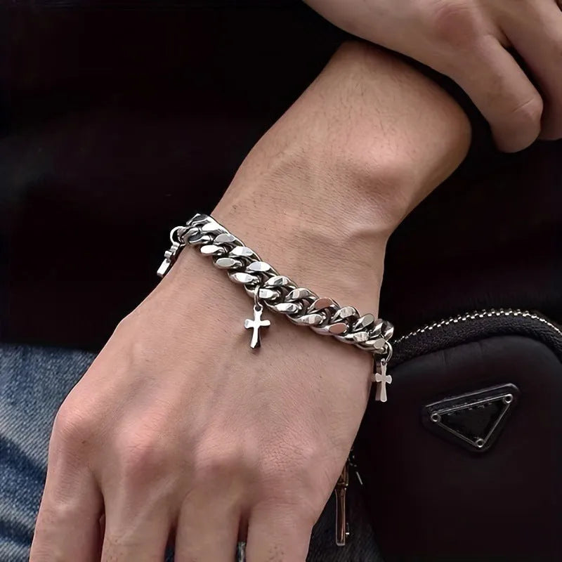 Men's geometric cross bracelet in titanium steel with cold wind style design