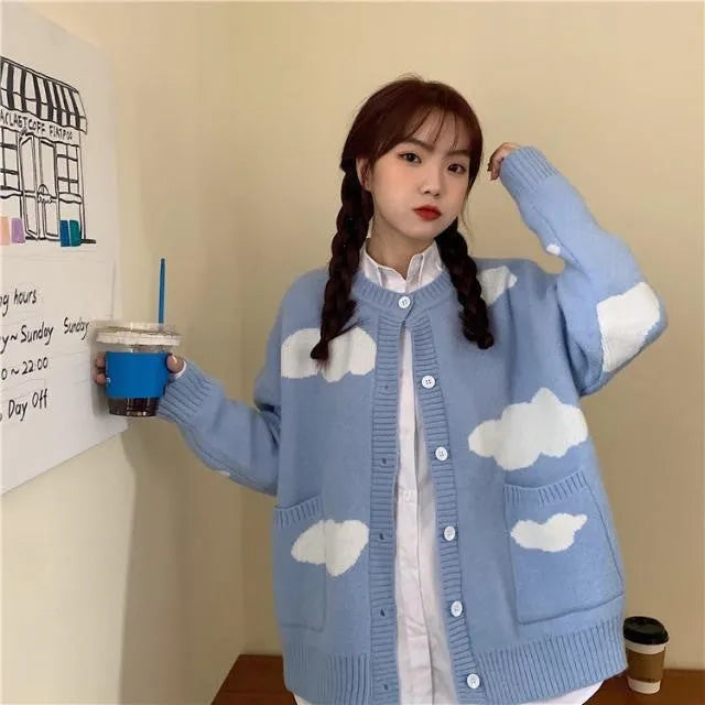 Women's blue cloud pattern cardigan sweater coat with loose fit and long sleeves