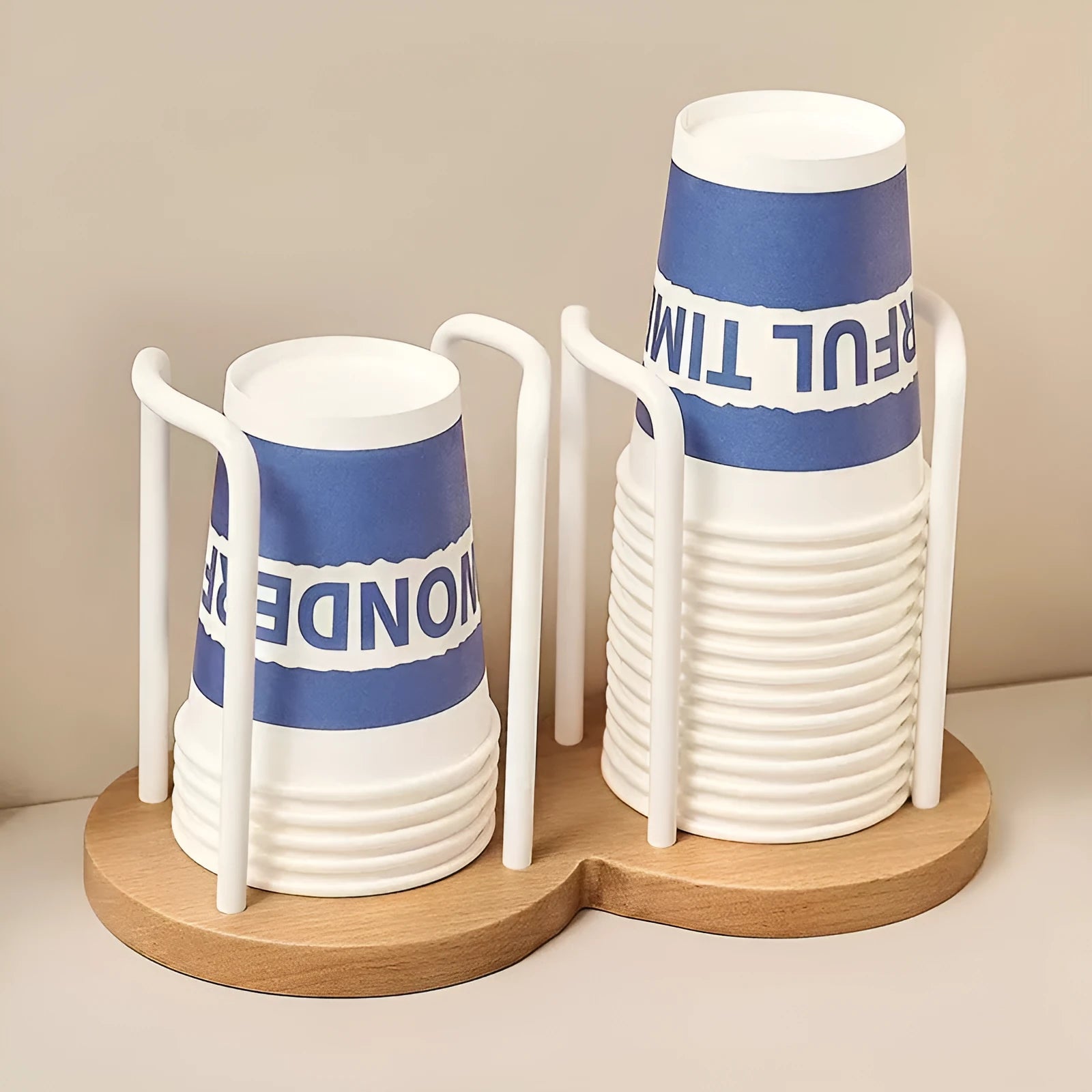 Wooden cup holder with cup puller in black colour showing two cup positions
