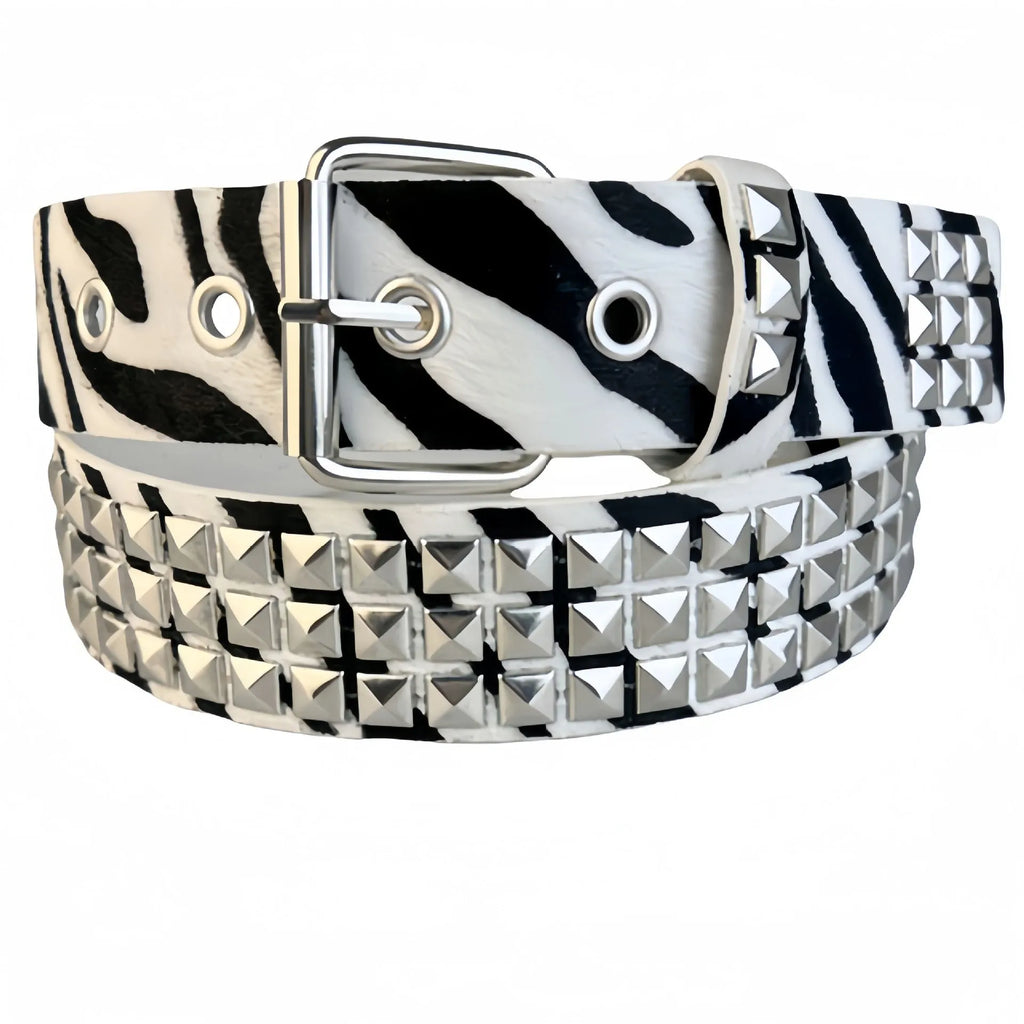 Women's punk fashion belt with metal rivets in leopard print pattern and alloy buckle
