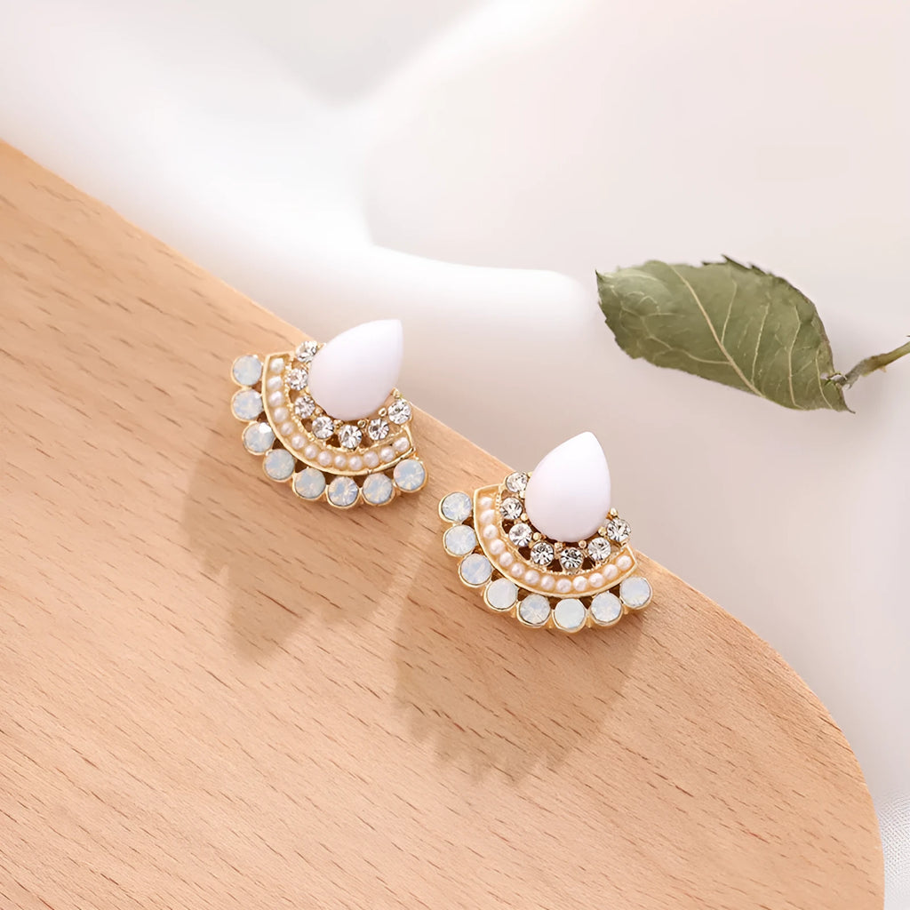 Women's retro fan-shaped geometric earrings with electroplated sterling silver finish and opal rhinestone accents