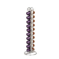 Black wrought iron coffee capsule storage rack holding pods on display shelves.