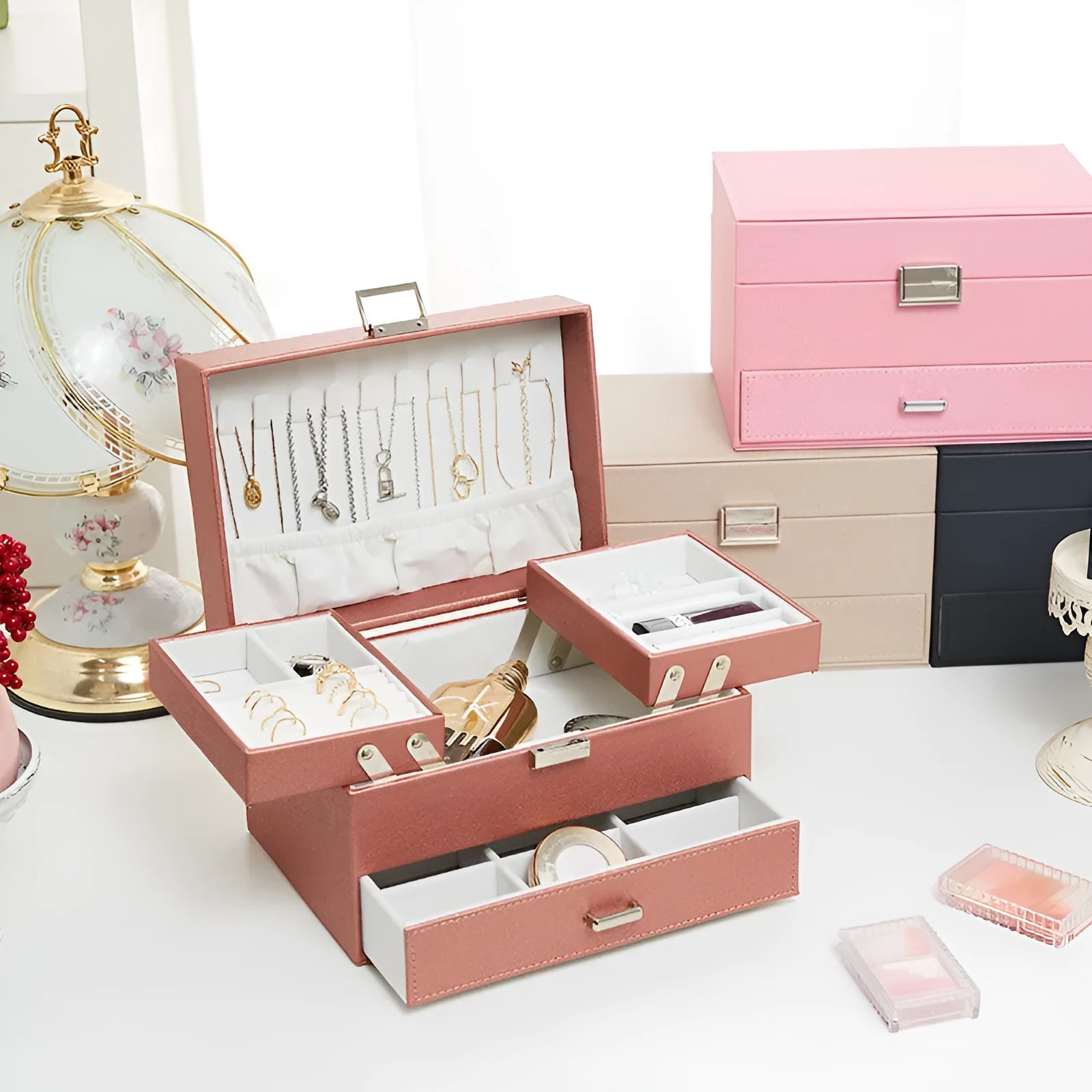 PU leather jewellery storage box in beige colour showing hard case construction and compact dimensions