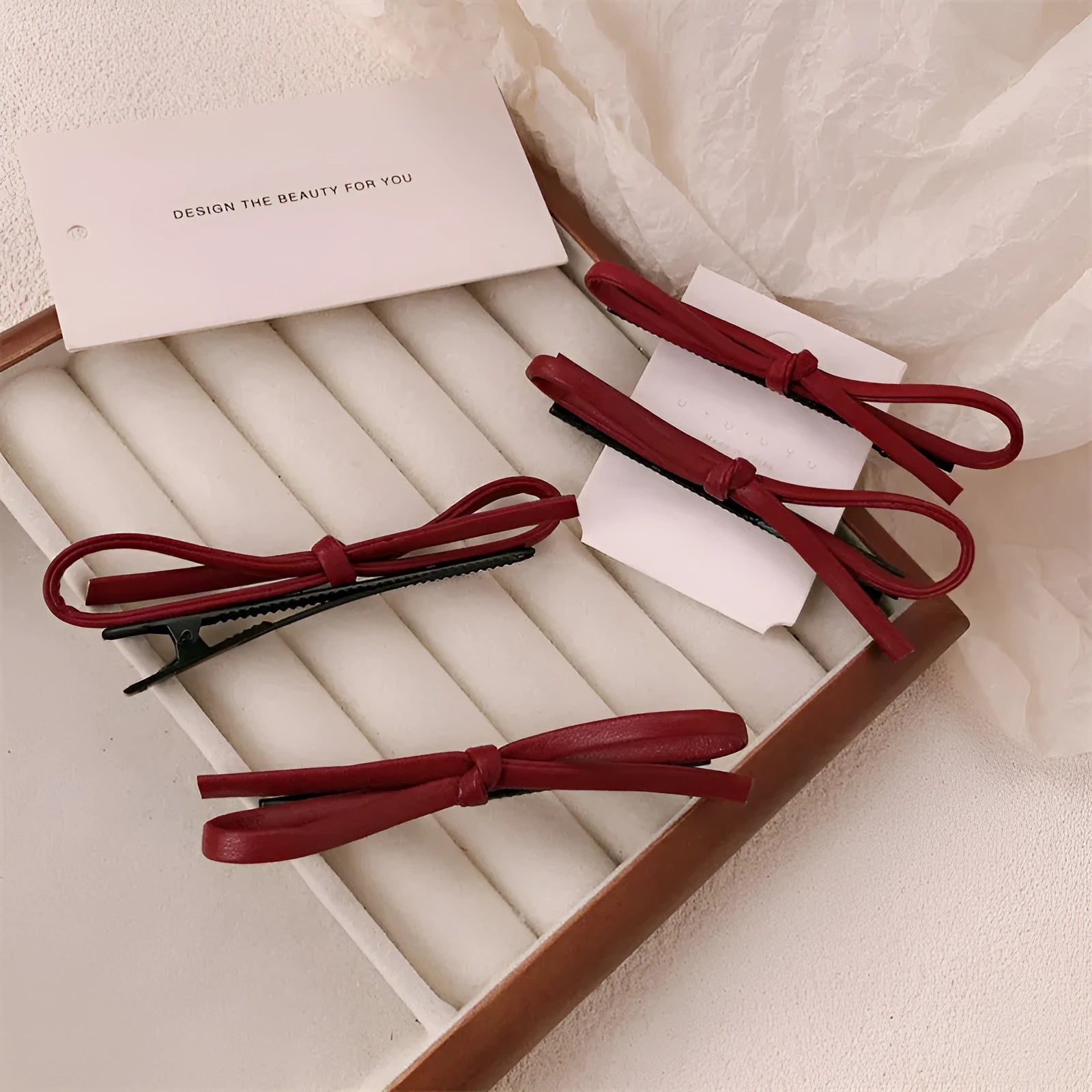 Wine red leather bow barrettes hair clips for women, available singly or in pairs
