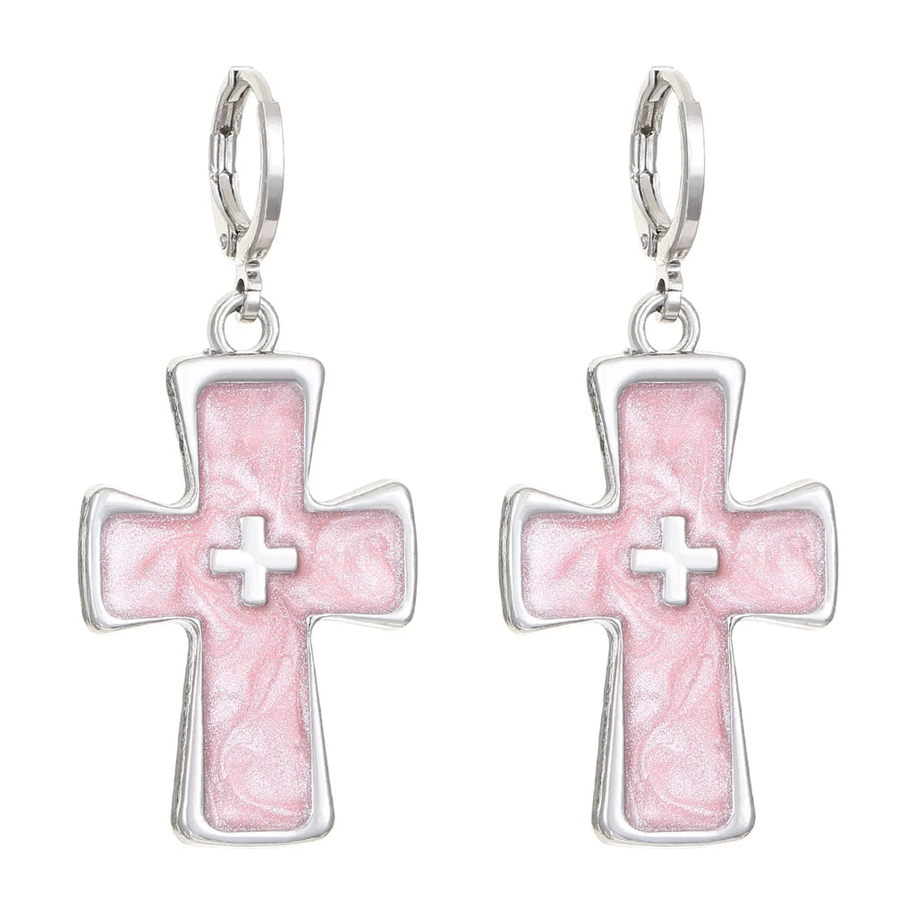 Women's alloy earrings showing cross, heart, and cat designs in white, black, and antique silver finishes.