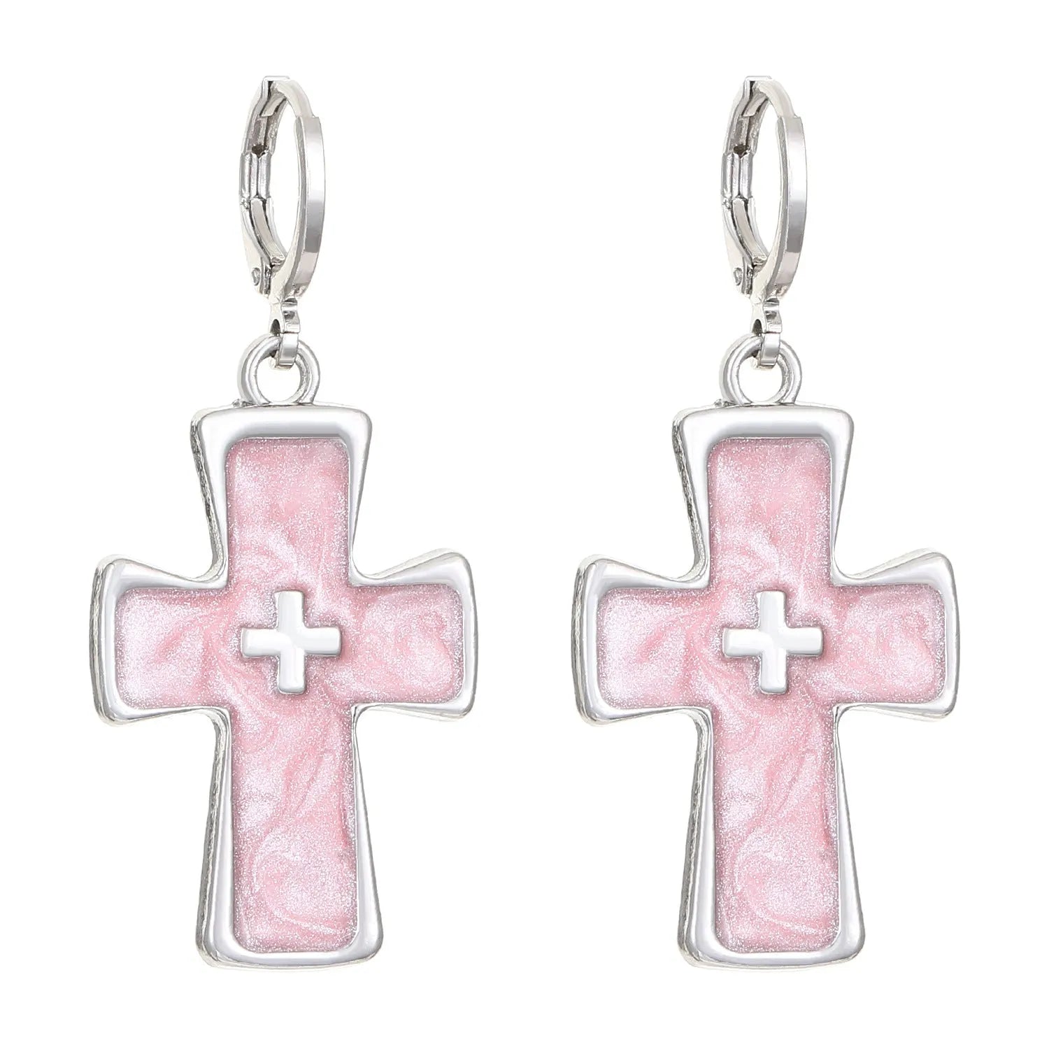 Women's alloy earrings showing cross, heart, and cat designs in white, black, and antique silver finishes.