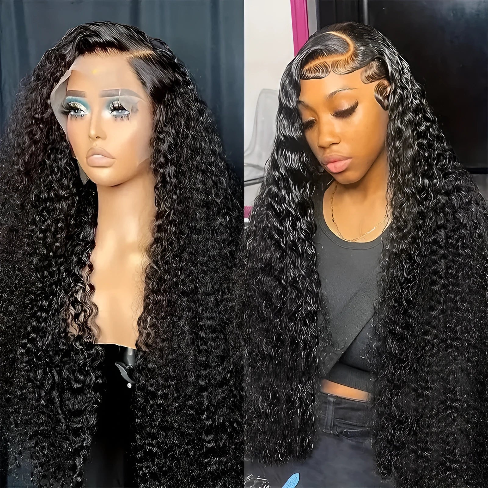 Women's fashion lace wig with small roll wound tube afro style and long curly hair in black
