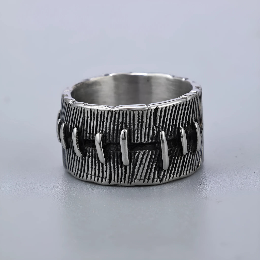 Dark punk-style geometric titanium steel double ring in retro colour on a U-shaped band.