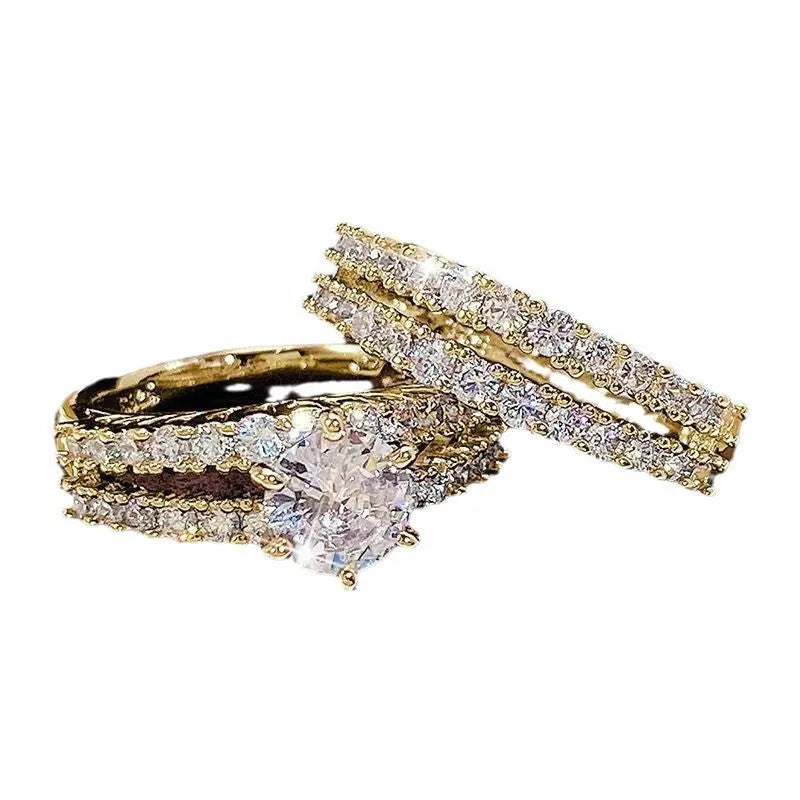 Two-piece fully jewelled female alloy ring set in geometric shapes, shown in gold, rose gold, and silver colour options.