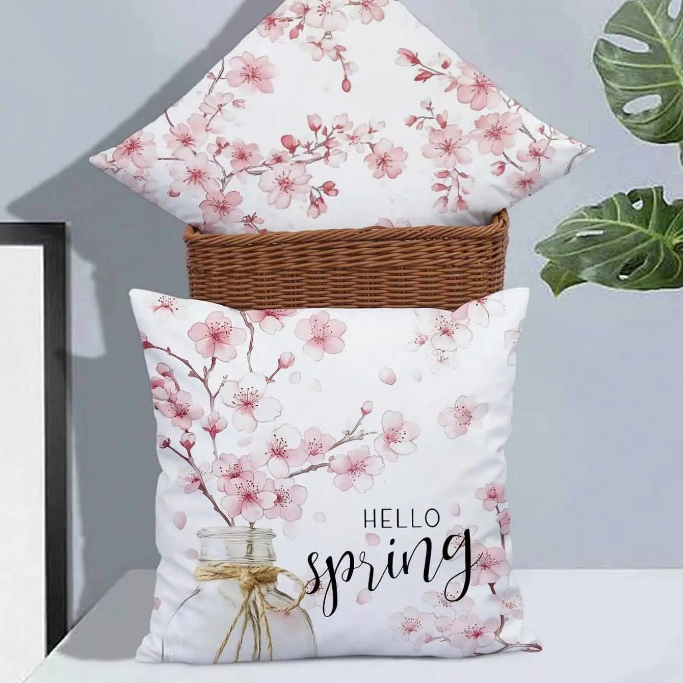 Square cherry blossom pattern velvet cushion cover measuring 45 by 45 centimetres