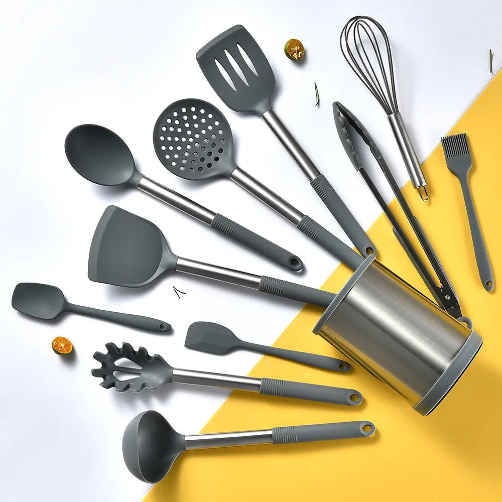 12 piece silicone kitchenware set with rotating storage bucket including spatula, ladle, spoon and cooking utensils