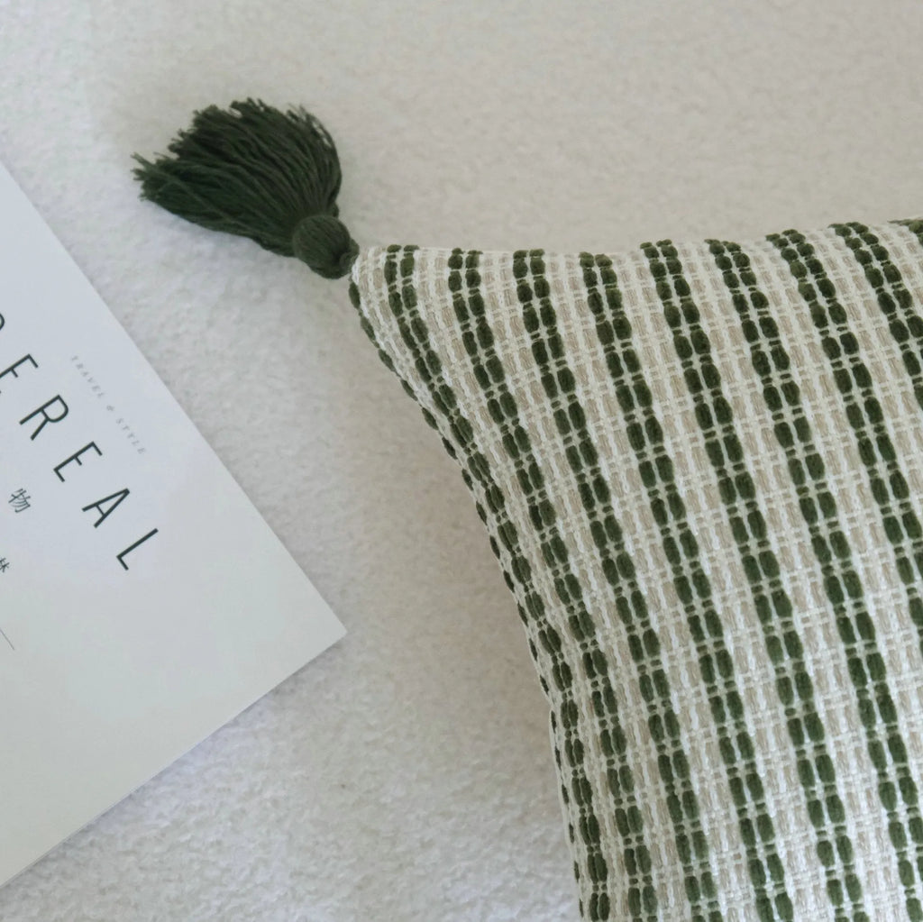 Green cotton and linen hotel sample pillow with silk floss filler in striped and botanical patterns