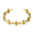 Stainless steel C-shaped bean bead charm with round rivet texture, shown in gold, steel, and steel gold colours.