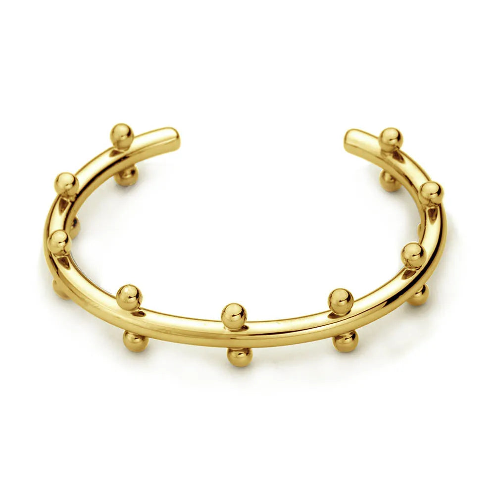 Stainless steel C-shaped bean bead charm with round rivet texture, shown in gold, steel, and steel gold colours.