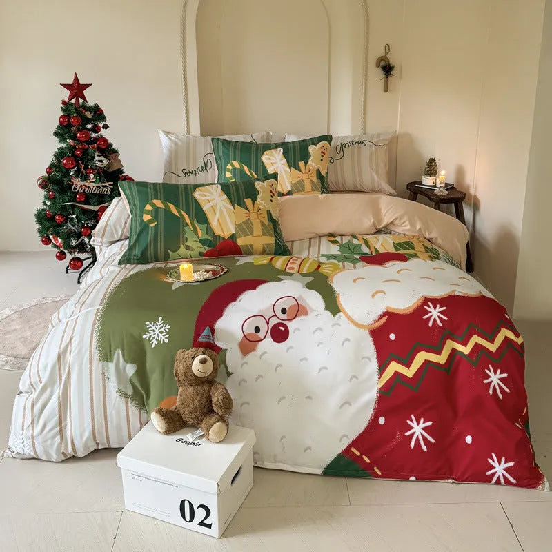 Christmas cartoon printed bedding set with super soft washed cotton showing sheet, quilt cover and pillowcases
