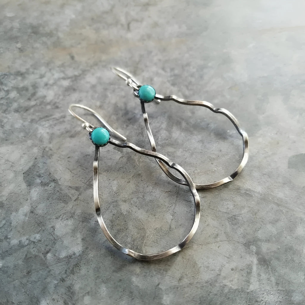 Bohemian style circle turquoise earrings in antique silver with geometric design
