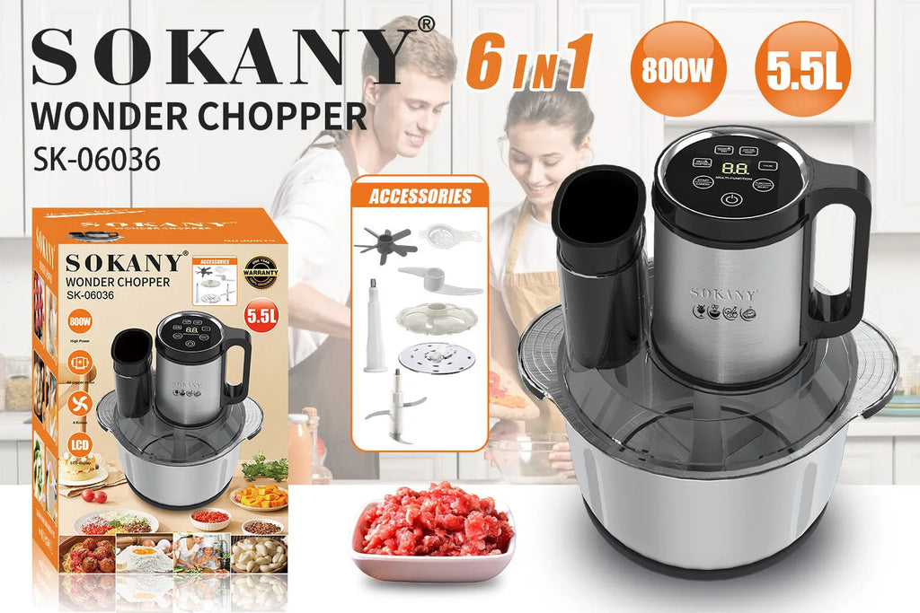 Black stainless steel meat grinder with vegetable cutter and 5L capacity kitchen machine