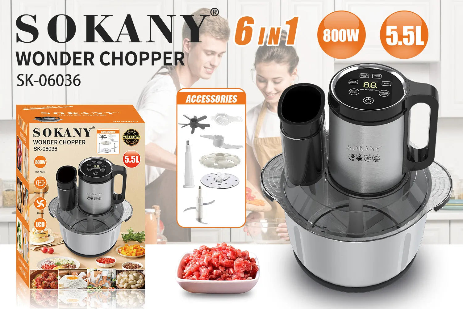 Black stainless steel meat grinder with vegetable cutter and 5L capacity kitchen machine