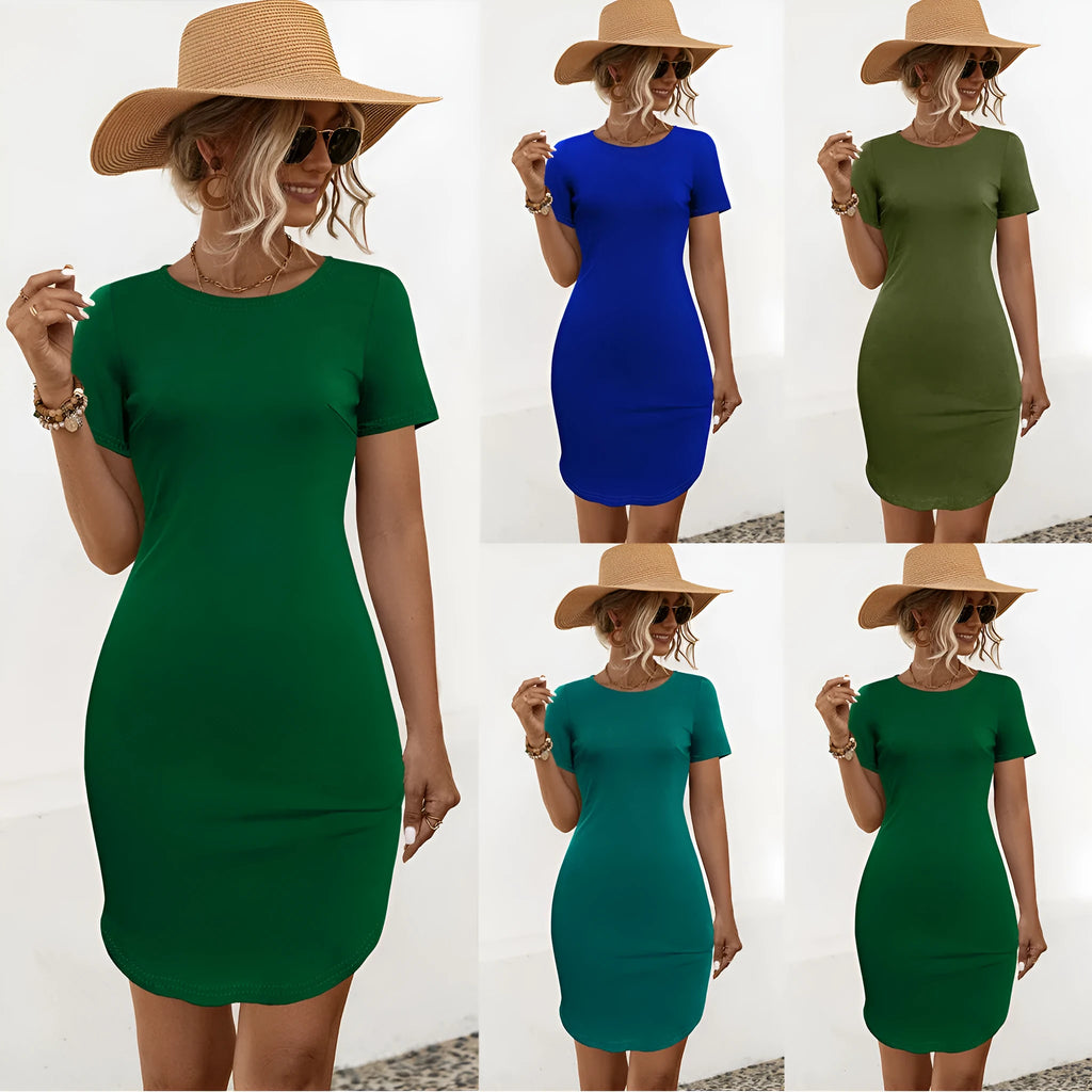 Women's slim dress with U-shaped split hemline in cotton blend fabric, short sleeves, multiple colour options