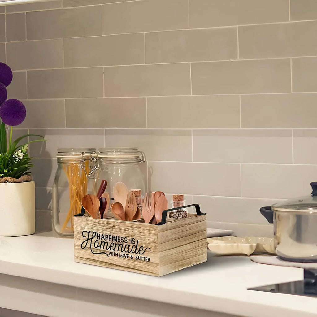 Large wooden kitchen storage box with grid compartments measuring 23×16.8×10cm