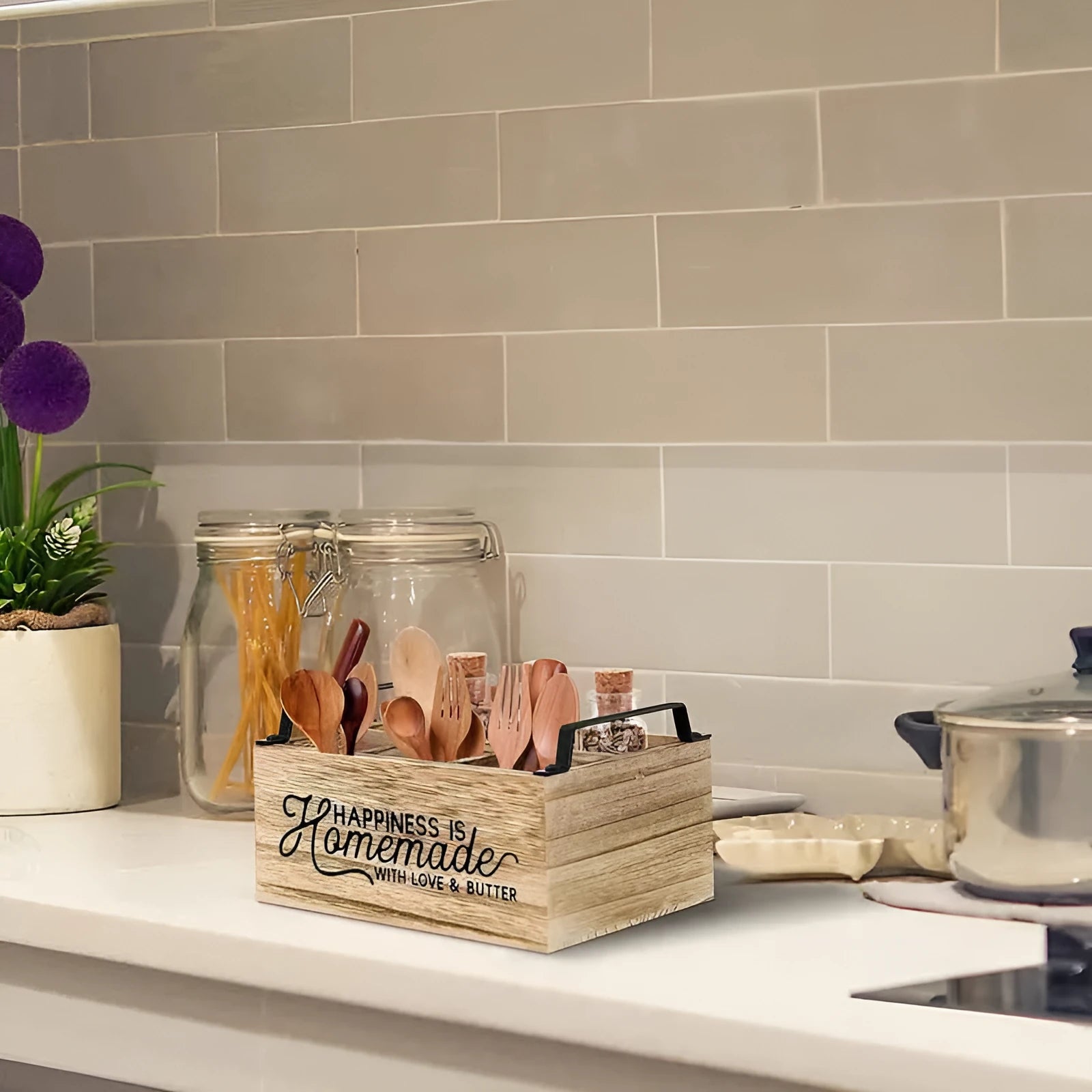 Large wooden kitchen storage box with grid compartments measuring 23×16.8×10cm