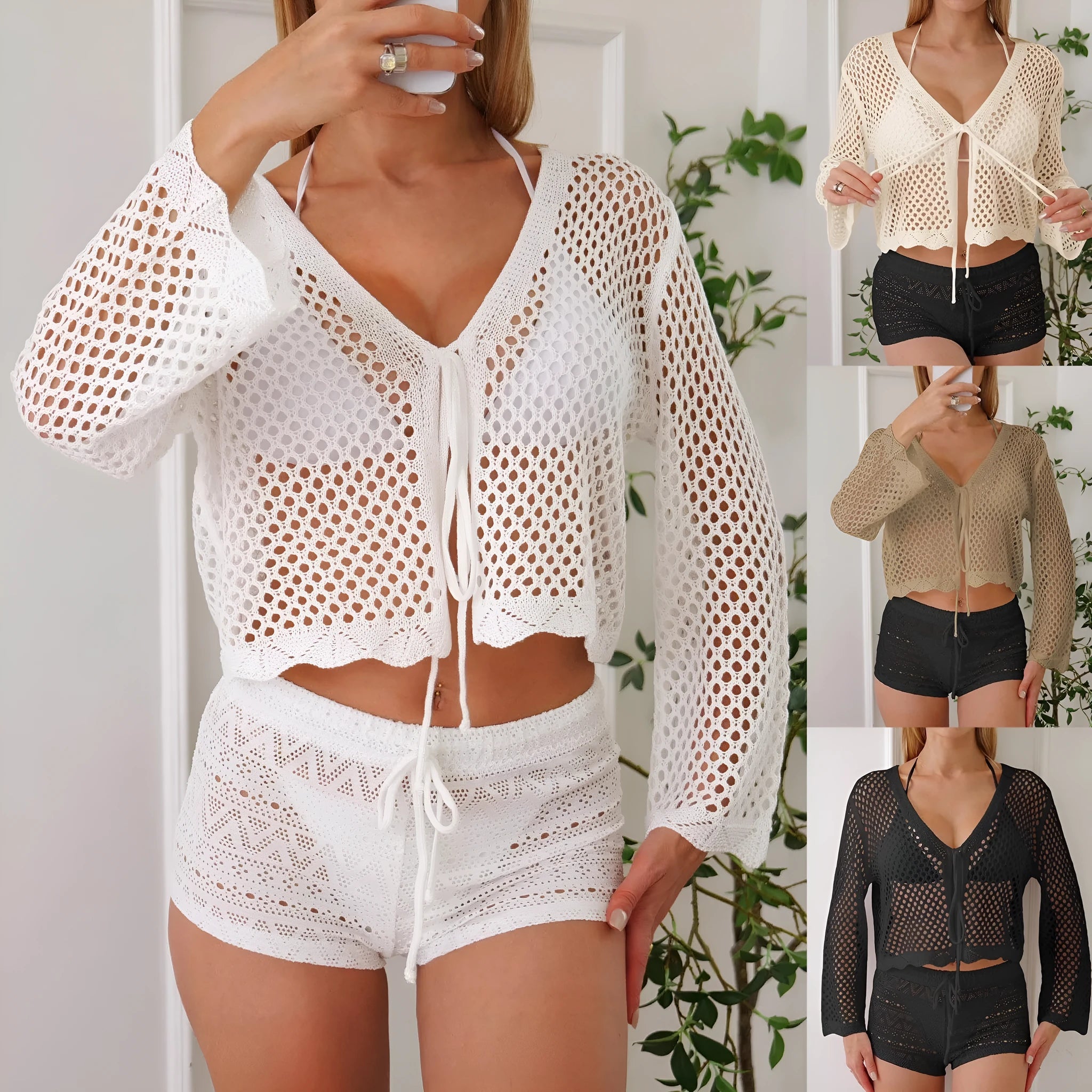 Women's apricot hollow knit cardigan blouse with bell sleeves laid flat.