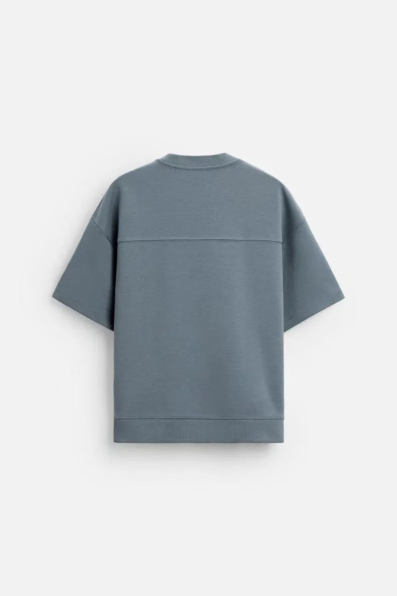 Loose-fitting short sleeve shirt and matching shorts lounge set in blue with double-sided texture