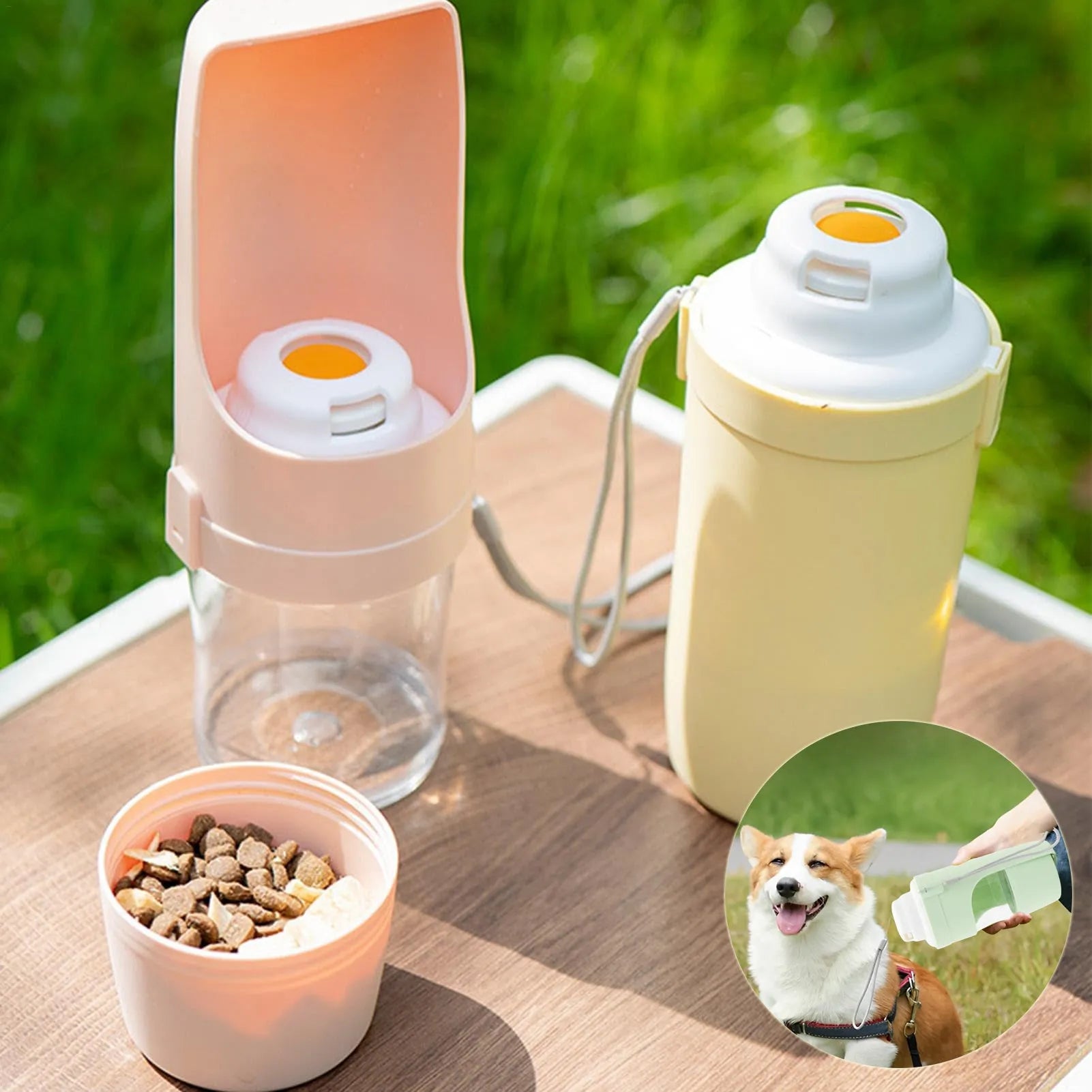 Green portable dog water bottle and feeder with attached lanyard, showing separate food and water compartments.