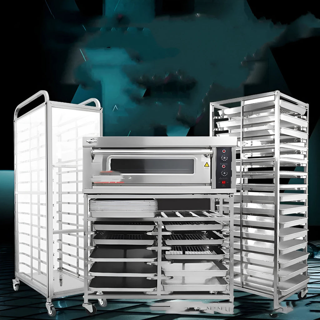 Stainless steel commercial baking tray rack with six layers and a locking mechanism