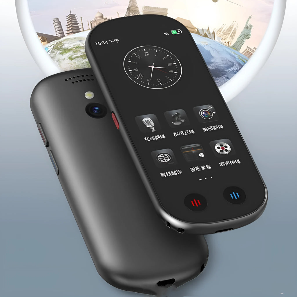 Black portable simultaneous interpretation translator with lanyard and charging cable for business use