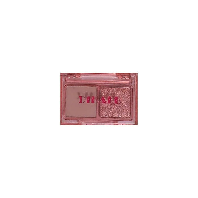 Two-tone eye shadow cosmetic plate showing matte and shimmer sections in pink and black colour combination