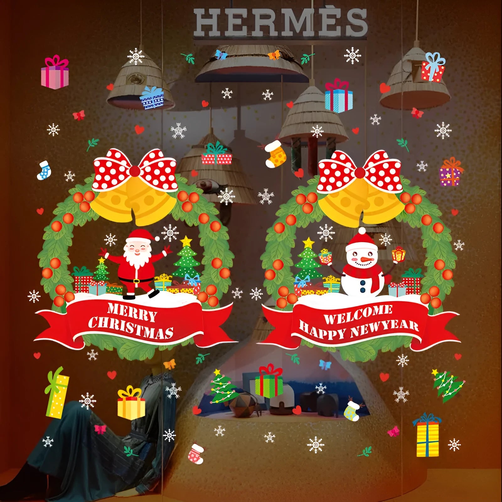 Large colourful cartoon Christmas static wall sticker for windows