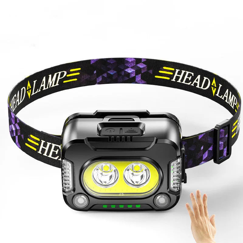 black COB rechargeable headlamp with light sensor for night running and fishing