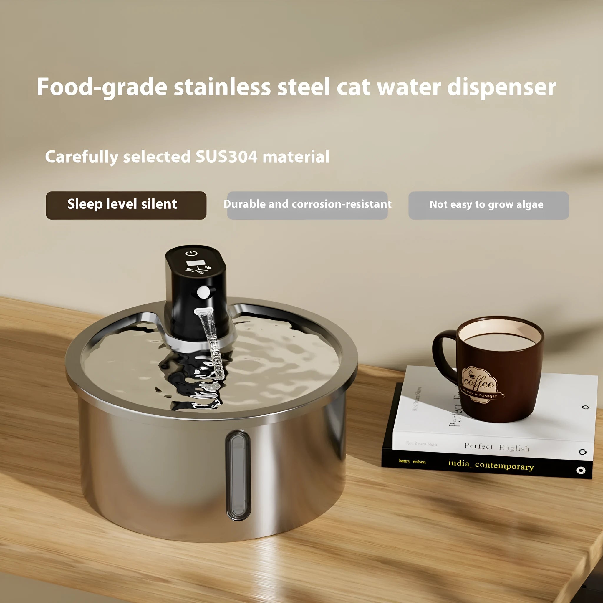 Stainless steel cat and dog water fountain with constant temperature heating base.
