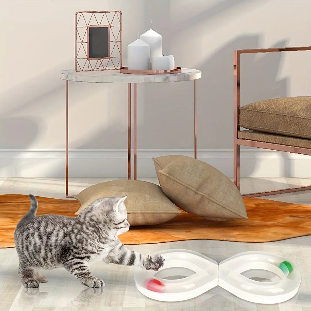 Blue and white cat turntable track toy with self-rotating ball and teasing stick