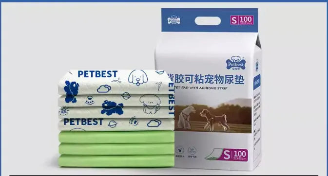 Pack of adhesive-backed dog urine pads showing size comparison between S, M, L and XL options