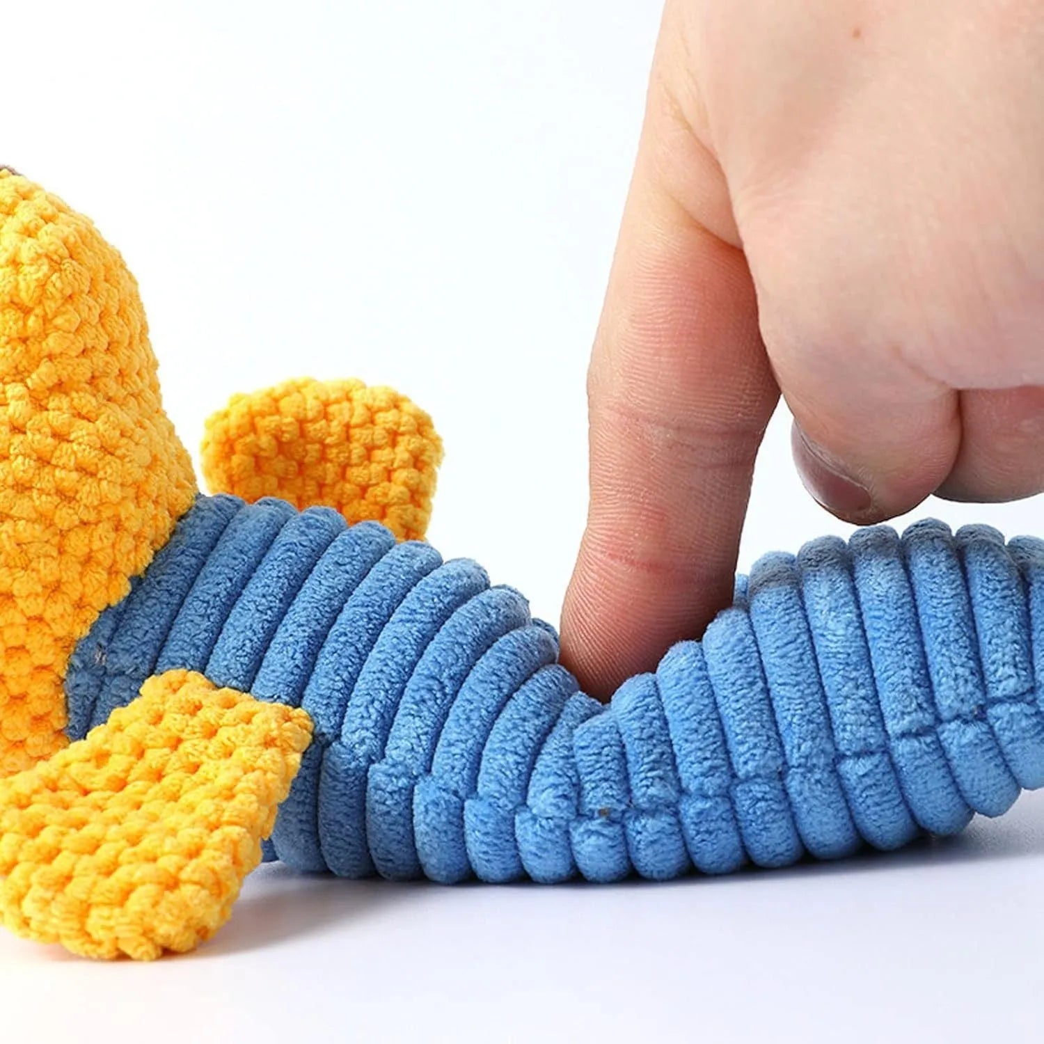 Soft plush dog squeaky chew toy in animal shapes including a calf, frog, and puppy, shown with scale for its 19cm by 5cm size.