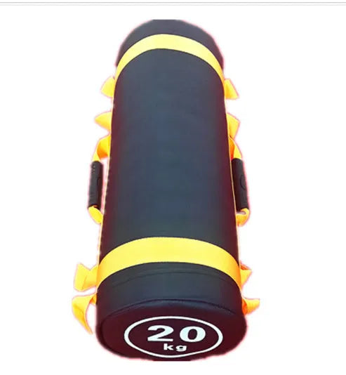 White PVC fitness training sandbag with weight markings for gym strength exercises