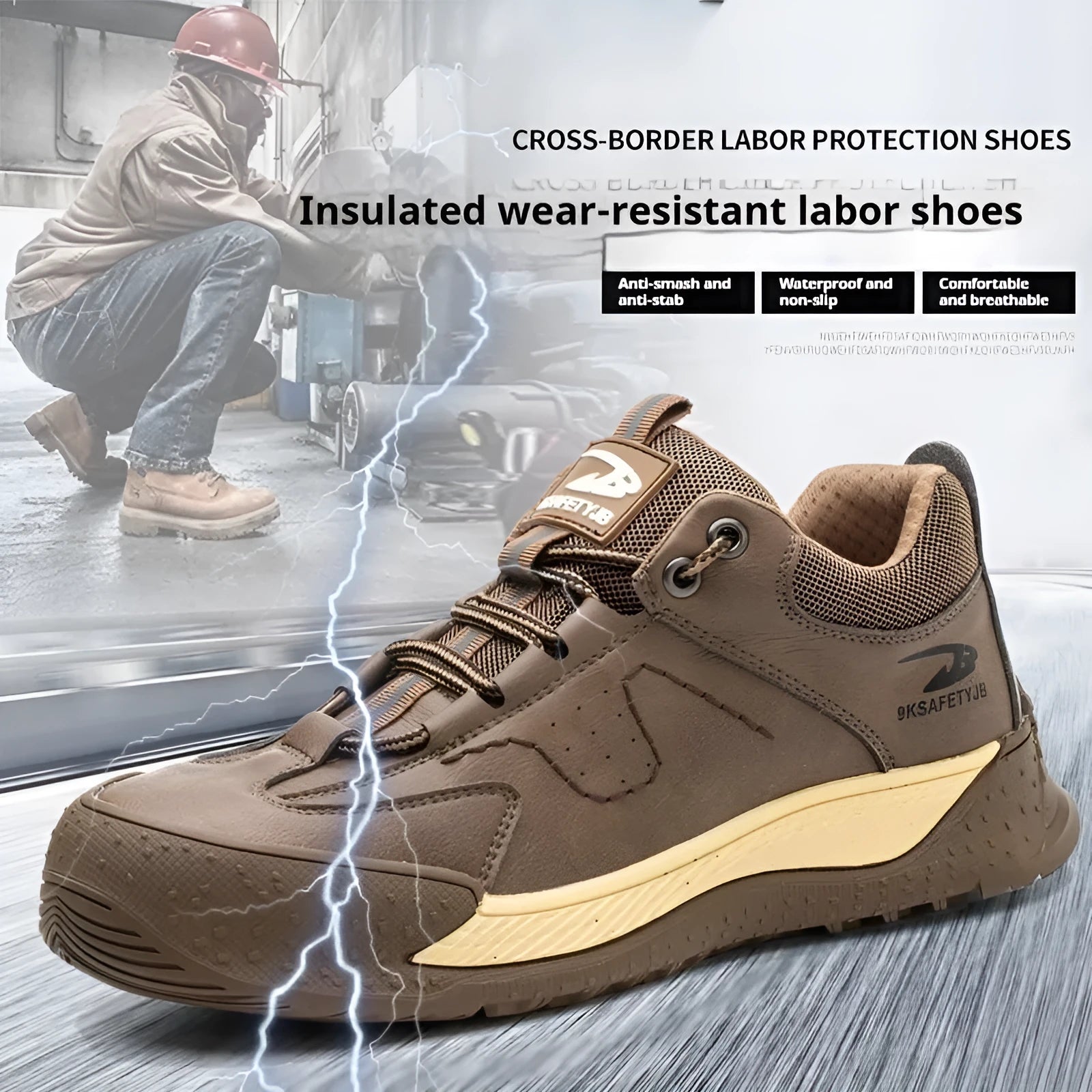 Flyknit safety work shoes with leather upper and rubber sole in multiple colours