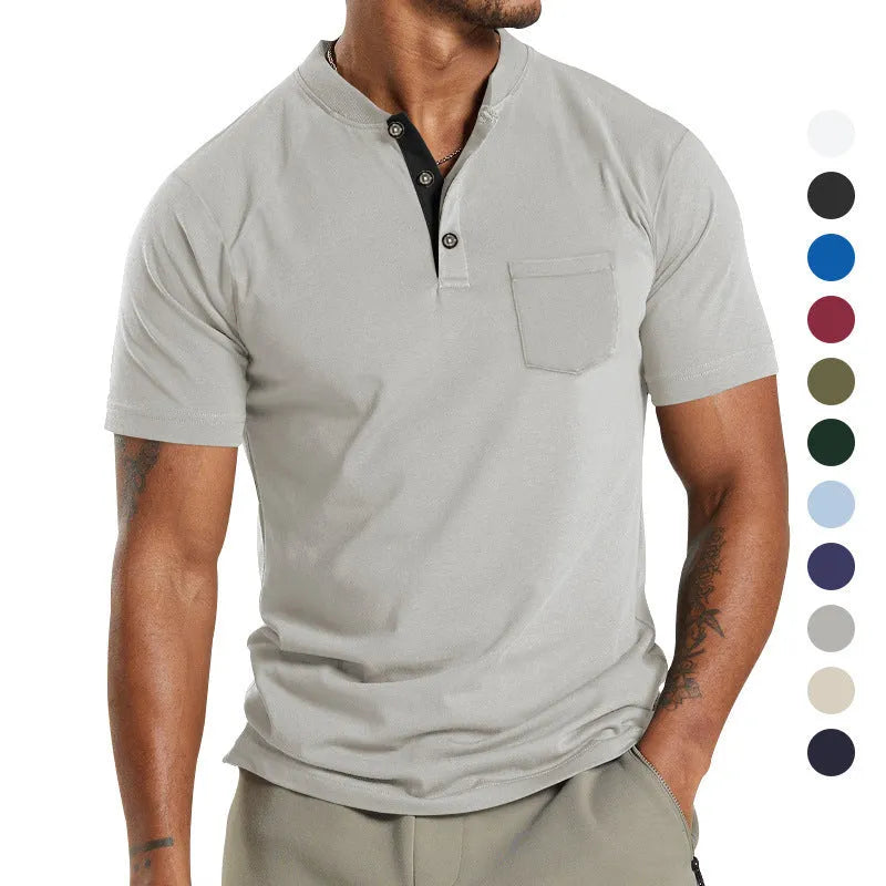 Men's plus size solid colour short sleeve polyester shirt with a button pocket on the chest.