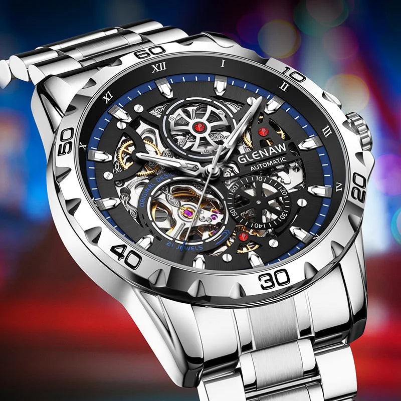 Men's automatic watch with hollow-out design showing mechanical movement and luminous hands