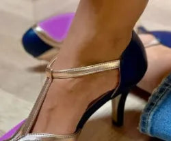 Women's high heels with round toes and button fastening in light blue pink colour combination