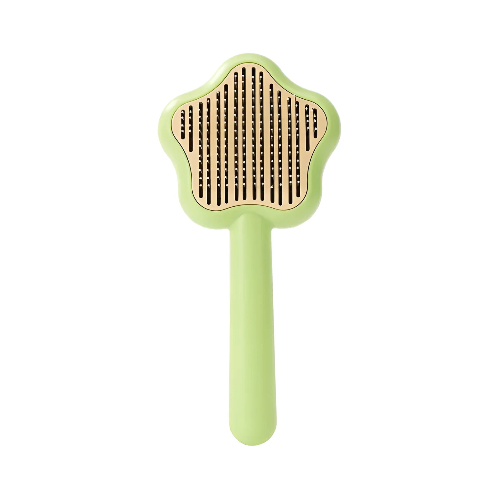 Self-cleaning stainless steel cat comb with green handle, showing 4-row needle design
